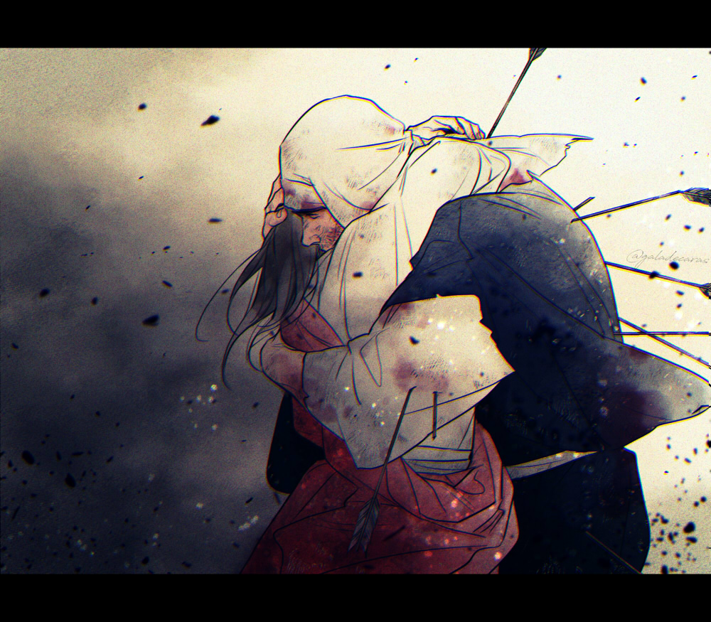 2boys, akatsuki_wo_tsugu, arrow_(projectile), black_hair, blood, blood_on_clothes, chromatic_aberration, debris