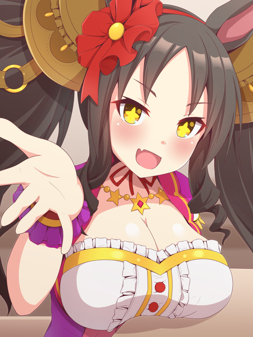 1girl, absurdres, animal_ears, black_hair, breasts, center_opening, cleavage, clothing_cutout