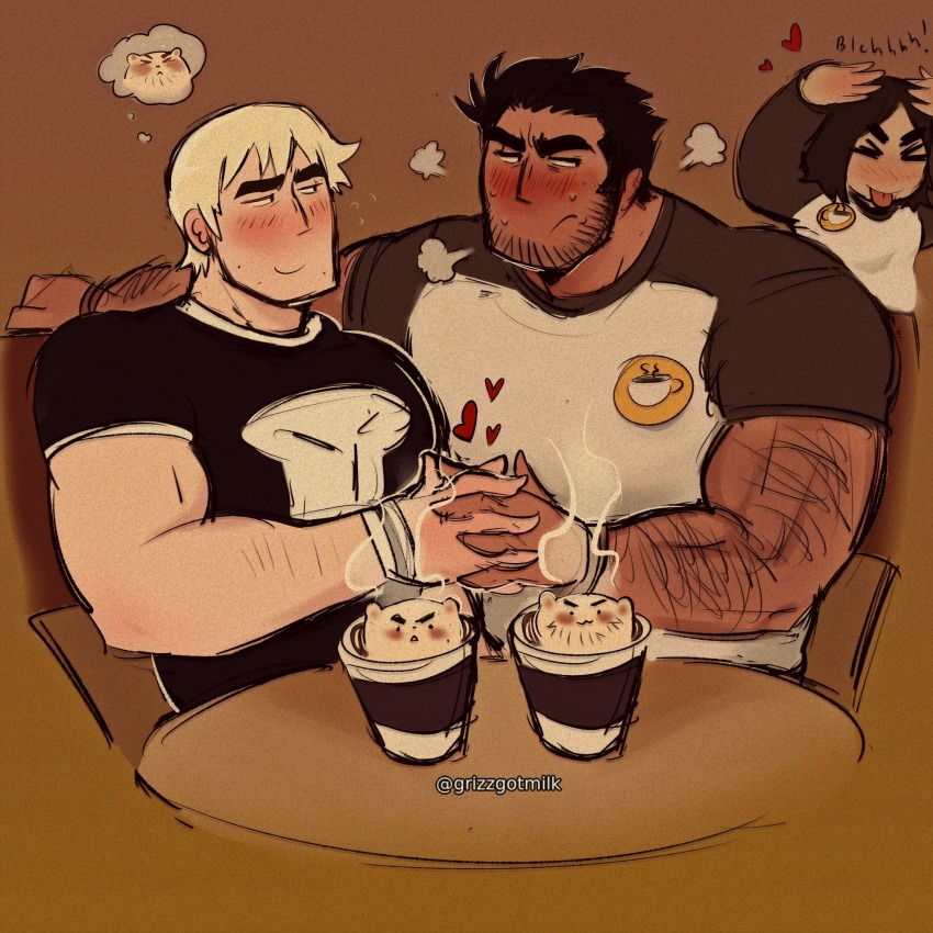 >_<, 1girl, 2boys, animal-themed_food, bara, beard_stubble, black_hair, blush