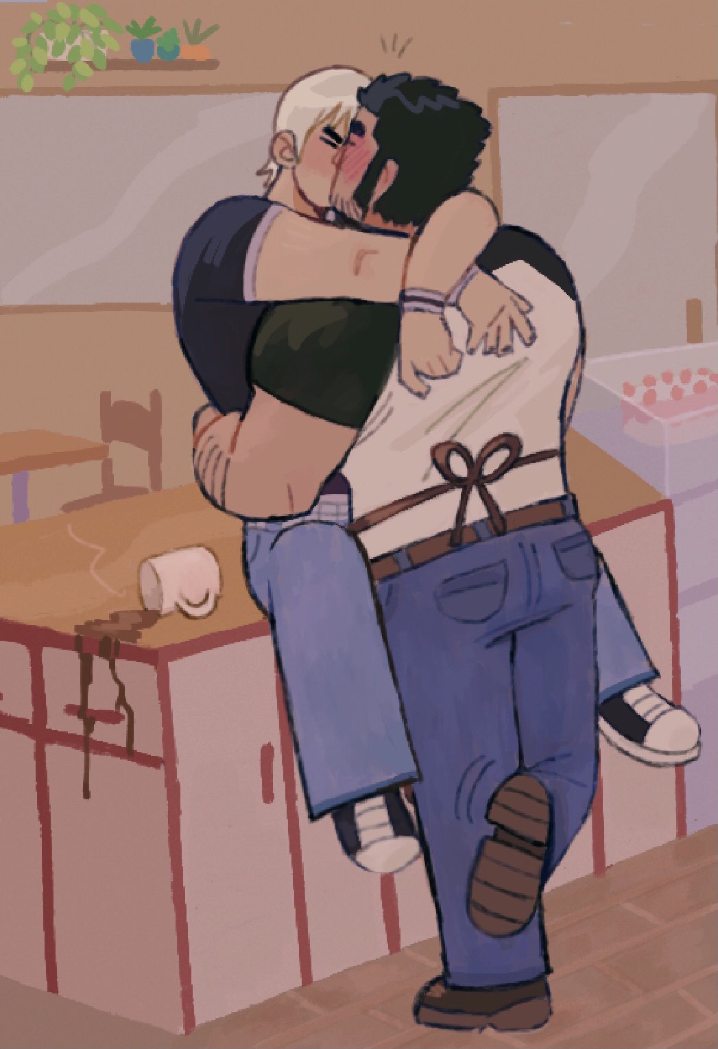 2boys, arapaiknow, arms_around_neck, bara, barista, beard_stubble, black_hair, blush