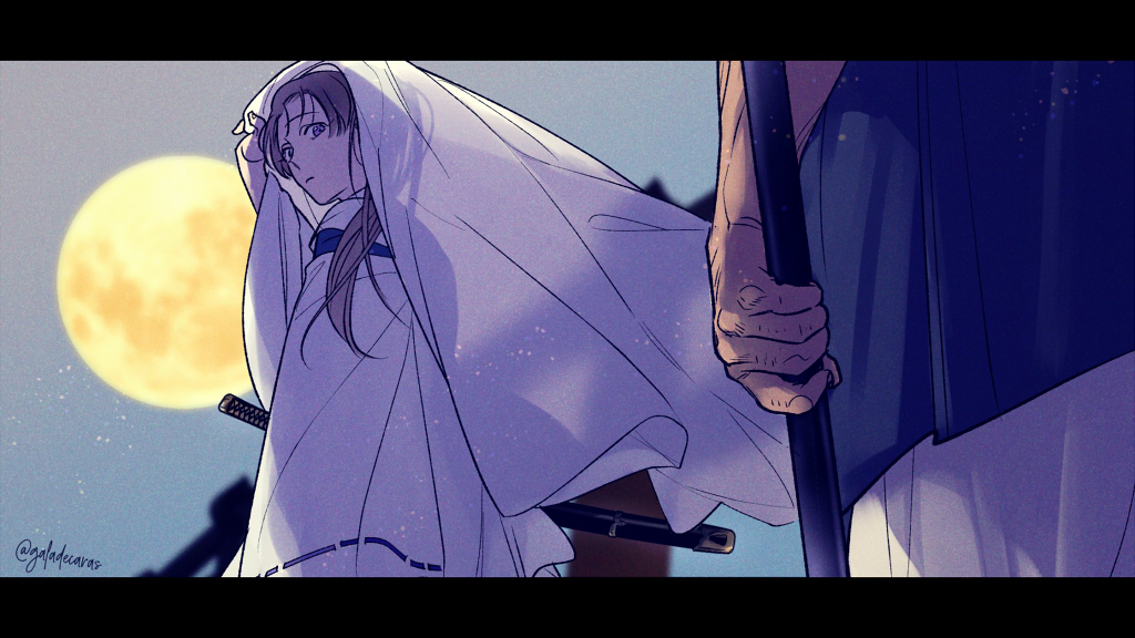 2boys, akatsuki_wo_tsugu, brown_hair, closed_mouth, full_moon, galadecaras, grey_eyes, holding, holding_polearm, holding_weapon, knuckle_hair, letterboxed, long_hair, looking_back, male_focus, minamoto_no_yoshitsune_(real_life), moon, multiple_boys, musashibou_benkei_(real_life), polearm, sheath, twitter_username, veil, weapon