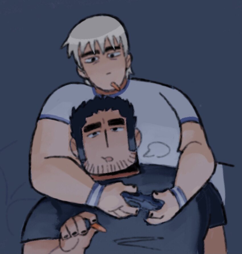2boys, arapaiknow, arms_around_neck, bara, beard_stubble, black_hair, black_nails, facial_hair