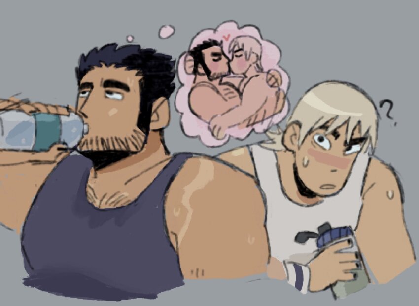 2boys, ?, arapaiknow, bara, beard_stubble, black_hair, black_nails, black_tank_top, chest_hair_peek, closed_eyes, cropped_torso, drinking, facial_hair, huge_eyebrows, imagining, kiss, looking_ahead, lucas_lee, male_focus, multiple_boys, muscular, muscular_male, pectoral_cleavage, pectorals, scott_pilgrim_(series), scott_pilgrim_takes_off, shared_thought_bubble, shirt, short_hair, short_sleeves, smile, speech_bubble, stubble, sweat, t-shirt, tank_top, thought_bubble, todd_ingram, u_u, yaoi