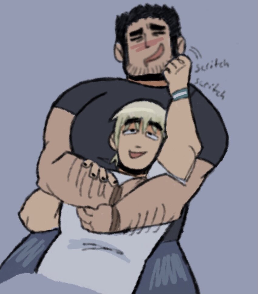 2boys, arapaiknow, bara, beard_stubble, black_hair, black_nails, couple, cowboy_shot, drooling, facial_hair, furrowed_brow, happy, highres, hug, huge_eyebrows, large_pectorals, long_sideburns, lucas_lee, lying_on_person, male_focus, motion_lines, mouth_drool, multiple_boys, muscular, muscular_male, pectorals, playing_with_beard, scott_pilgrim_(series), scott_pilgrim_takes_off, shirt, short_hair, short_sleeves, sideburns, smile, sparse_arm_hair, stubble, t-shirt, todd_ingram, yaoi