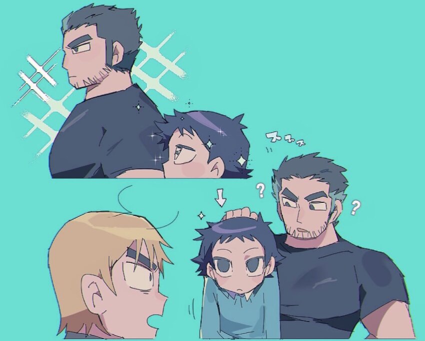 3boys, ?, aqua_background, awestruck, beard_stubble, black_hair, confused, constricted_pupils