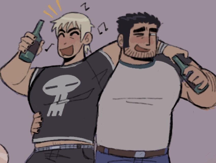 2boys, arapaiknow, bara, beard_stubble, black_hair, bottle, couple, cowboy_shot