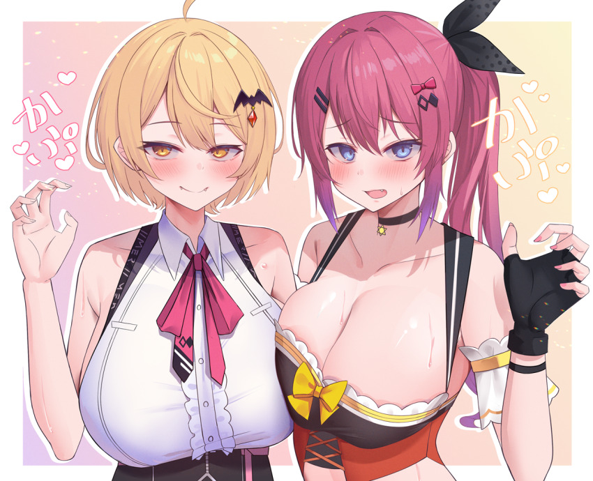 2girls, bat_hair_ornament, black_choker, black_gloves, black_ribbon, blonde_hair, blue_eyes, bow, breasts, choker, cleavage, closed_mouth, collarbone, commentary_request, commission, cosplay, costume_switch, fangs, fingerless_gloves, gloves, hair_bow, hair_ornament, hair_ribbon, hairclip, hand_up, hololive, kuramochi_meruto, kuramochi_meruto_(1st_costume), kuramochi_meruto_(cosplay), large_breasts, long_hair, looking_at_viewer, multiple_girls, nijisanji, ponytail, red_bow, red_hair, ribbon, shirt, short_hair, skeb_commission, sleeveless, sleeveless_shirt, smile, sweat, virtual_youtuber, white_shirt, yoshiheihe, yozora_mel, yozora_mel_(1st_costume), yozora_mel_(cosplay)