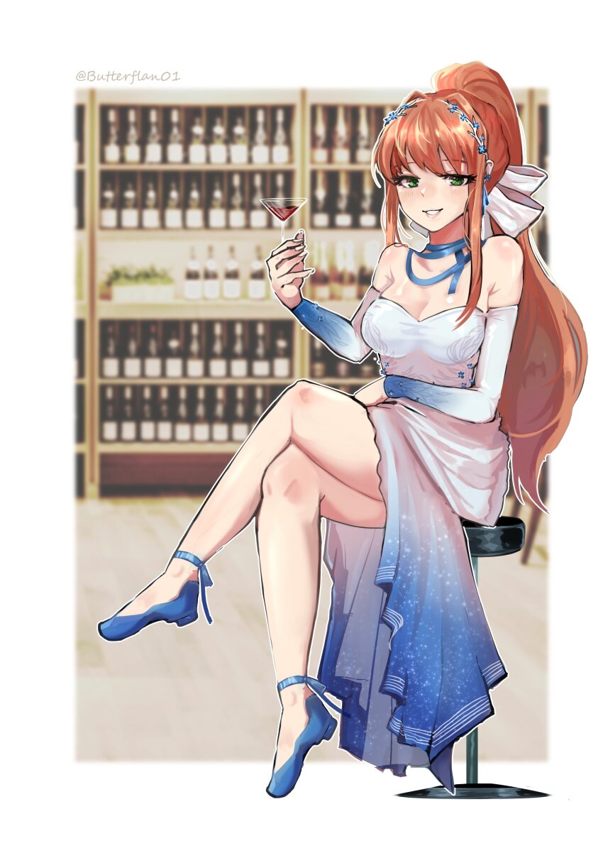 absurdres, alcohol, alternate_costume, ankle_ribbon, artist_name, blue_dress, bottle, breasts, brown_hair, butterflan01, cabinet, crossed_legs, cup, doki_doki_literature_club, dress, drinking_glass, green_eyes, hair_ornament, hair_ribbon, highres, holding_wine_glass, leg_ribbon, lips, long_eyelashes, long_hair, medium_breasts, monika_(doki_doki_literature_club), on_stool, parted_lips, ponytail, ribbon, sitting, stilettos, stool, teeth, wine, wine_bottle, wine_glass