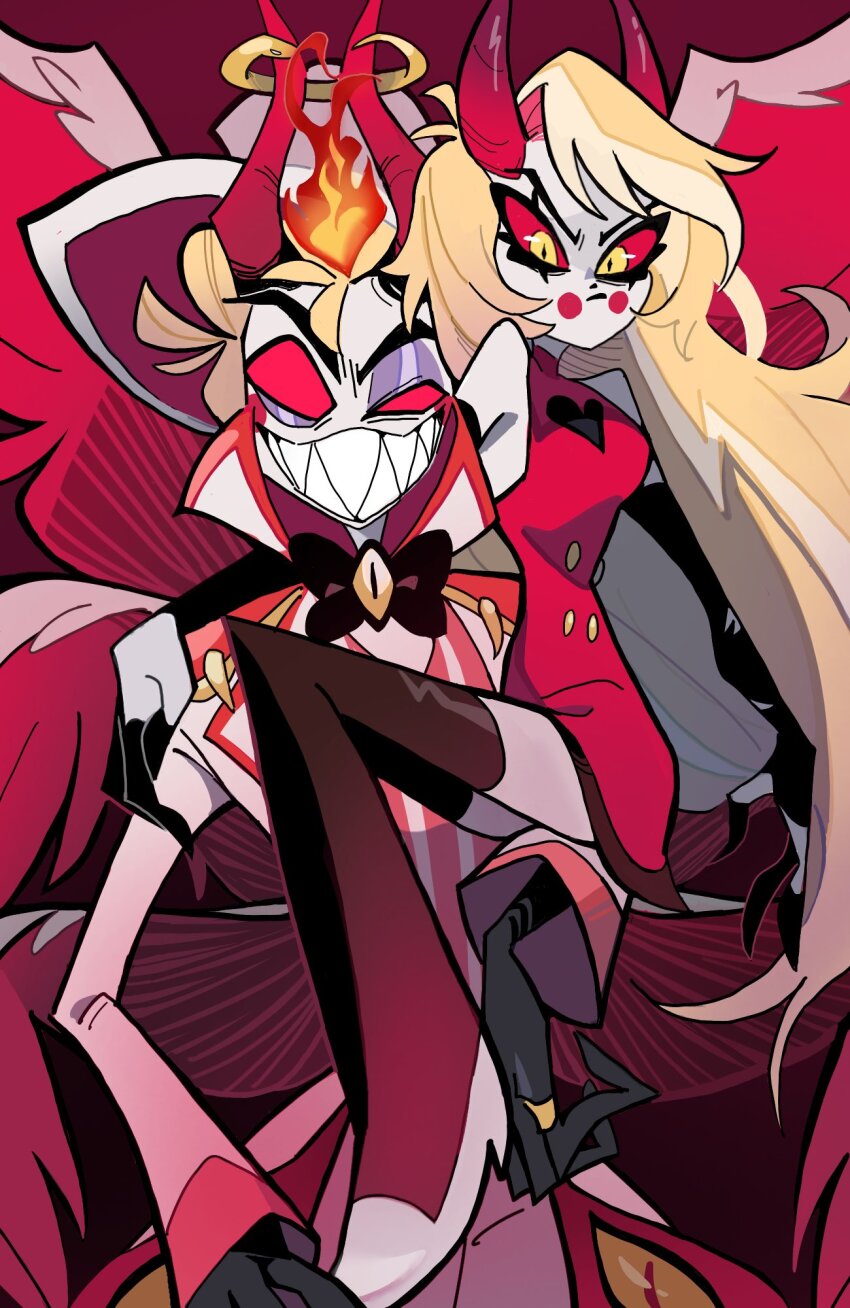1boy, 1girl, blonde_hair, charlie_morningstar, colored_sclera, demon, demon_boy, demon_girl, demon_horns, demon_tail, demon_wings, dress, father_and_child, father_and_daughter, formal_clothes, hazbin_hotel, hellaverse, highres, horns, jbs0, lifting_person, looking_at_viewer, lucifer_morningstar_(hazbin_hotel), parent_and_child, red_dress, red_sclera, suit, tail, thighhighs, wings