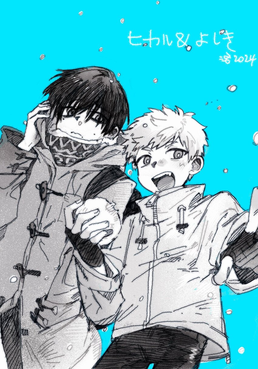 2024, 2boys, blue_background, coat, fingerless_gloves, gloves, greyscale_with_colored_background, hand_grab, highres, hikaru_ga_shinda_natsu, indou_hikaru, jacket, luoooxl, male_focus, mole, mole_on_cheek, mole_under_eye, mole_under_mouth, multiple_boys, pants, pointing, pointing_at_viewer, short_hair, simple_background, translation_request, tsujinaka_yoshiki