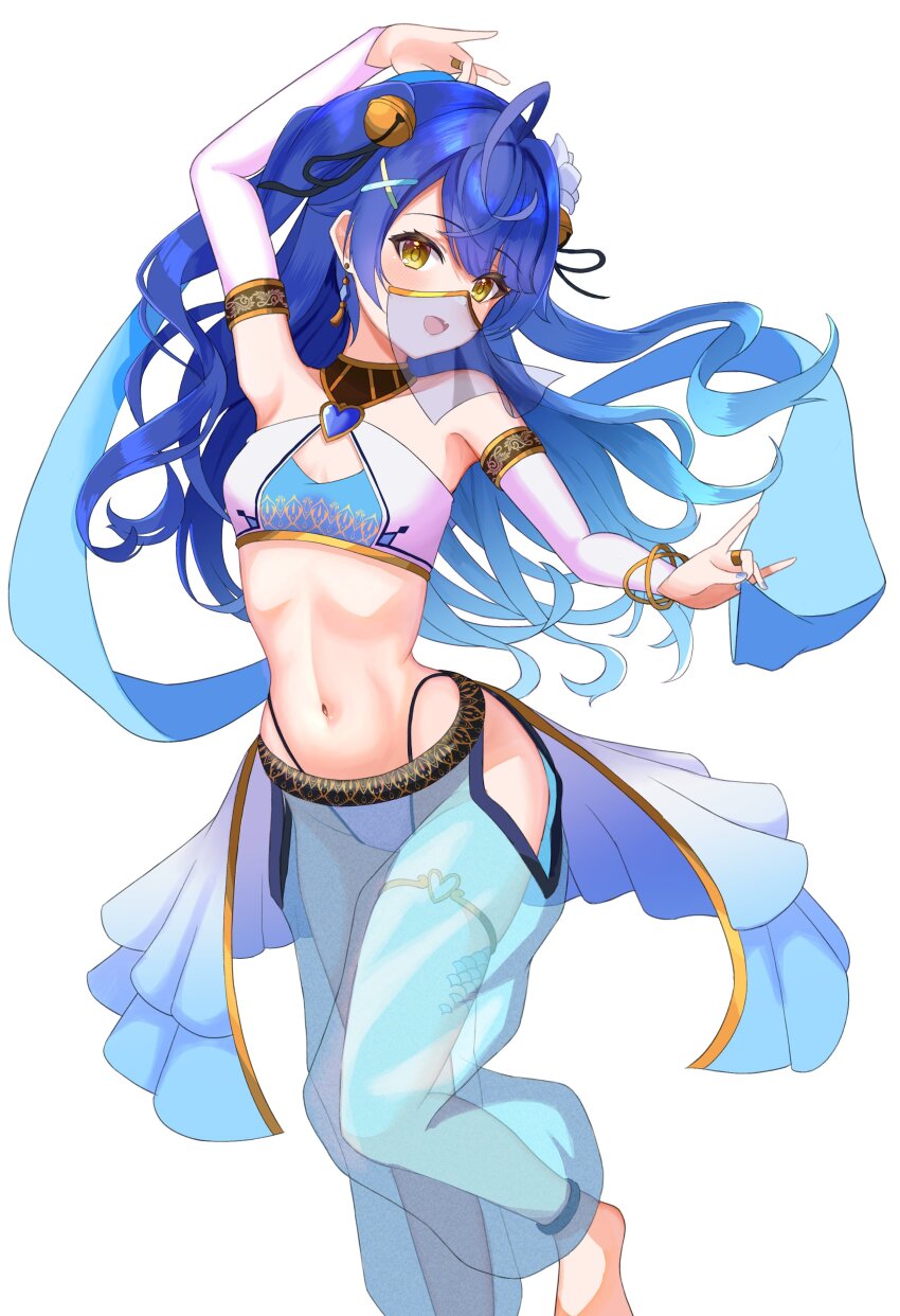 absurdres, ahoge, amamiya_kokoro, arabian_clothes, barefoot, bell, blue_hair, bridal_gauntlets, clothing_cutout, crop_top, dancer, elbow_gloves, emobico, gloves, hair_bell, hair_ornament, harem_outfit, harem_pants, highres, hip_vent, long_hair, mouth_veil, nijisanji, pants, see-through_clothes, see-through_pants, veil, virtual_youtuber, white_gloves, x_hair_ornament, yellow_eyes