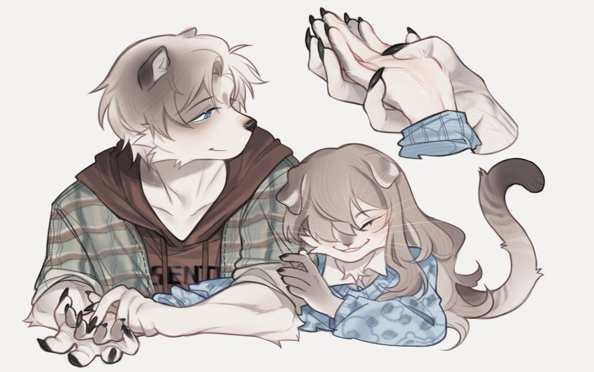 1boy, 1girl, animal_ears, animal_nose, blue_eyes, cat_ears, cat_girl, cat_tail