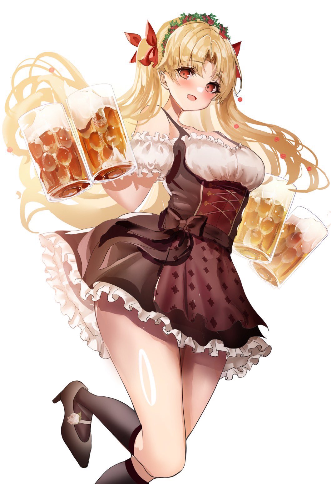 1girl, alcohol, alternate_costume, bare_shoulders, beer, beer_mug, black_dress, black_footwear, black_socks, blonde_hair, blush, chiachun0621, commentary, cup, dress, ereshkigal_(fate), ereshkigal_alter_(event_portrait)_(fate), ereshkigal_alter_(fate), eyelashes, fate/grand_order, fate_(series), floating_hair, flower_wreath, foot_out_of_frame, frilled_dress, frills, hair_ribbon, happy, head_wreath, high_heels, highres, holding, holding_cup, kneehighs, long_hair, looking_at_viewer, mug, off-shoulder_shirt, off_shoulder, open_mouth, parted_bangs, red_eyes, red_ribbon, ribbon, shirt, short_dress, simple_background, sleeveless, sleeveless_dress, smile, socks, solo, standing, standing_on_one_leg, two_side_up, very_long_hair, white_background, white_shirt