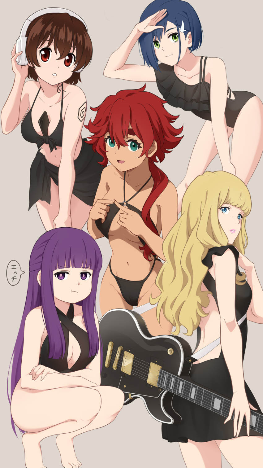 5girls, arm_up, barefoot, between_breasts, bikini, black_bikini, black_dress, black_one-piece_swimsuit, blonde_hair, blue_eyes, blue_hair, blunt_bangs, breasts, brown_hair, carole_&amp;_tuesday, casual_one-piece_swimsuit, cellphone, closed_mouth, commentary_request, criss-cross_halter, cropped_legs, crossover, dark-skinned_female, dark_skin, darling_in_the_franxx, dr._stone, dress, electric_guitar, feet, fern_(sousou_no_frieren), front-tie_bikini_top, front-tie_top, green_eyes, grey_background, guitar, gundam, gundam_suisei_no_majo, hair_between_eyes, hair_ornament, hair_over_shoulder, hairclip, halterneck, headphones, highleg, highleg_bikini, highres, ichigo_(darling_in_the_franxx), ichinose_kana, index_fingers_together, instrument, laofuzi_dai_bansho, leaning_forward, long_hair, looking_at_viewer, low_ponytail, medium_breasts, multiple_crossover, multiple_girls, navel, o-ring, o-ring_top, ogawa_yuzuriha, one-piece_swimsuit, parted_lips, phone, ponytail, pout, purple_eyes, purple_hair, purple_pupils, red_eyes, red_hair, sarong, short_eyebrows, short_hair, sidelocks, simple_background, smartphone, smile, sousou_no_frieren, speech_bubble, split_mouth, squatting, suletta_mercury, swimsuit, teeth, thick_eyebrows, toes, tuesday_simmons, turning_head, voice_actor_connection