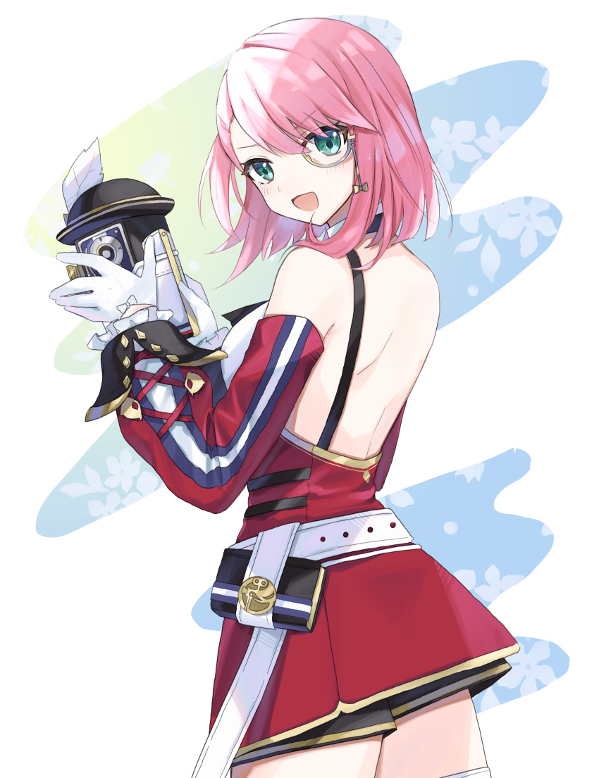 1girl, :d, absurdres, aqua_eyes, backless_outfit, bare_back, bare_shoulders, breasts, camera, charlotte_(genshin_impact), commentary, commission, cowboy_shot, detached_sleeves, genshin_impact, gloves, highres, holding, holding_camera, long_sleeves, looking_at_viewer, medium_breasts, mikota_(showata), miniskirt, monocle, missing_headwear, open_mouth, pink_hair, red_skirt, second-party_source, short_hair, skirt, smile, solo, standing, suspender_skirt, suspenders, white_background, white_gloves