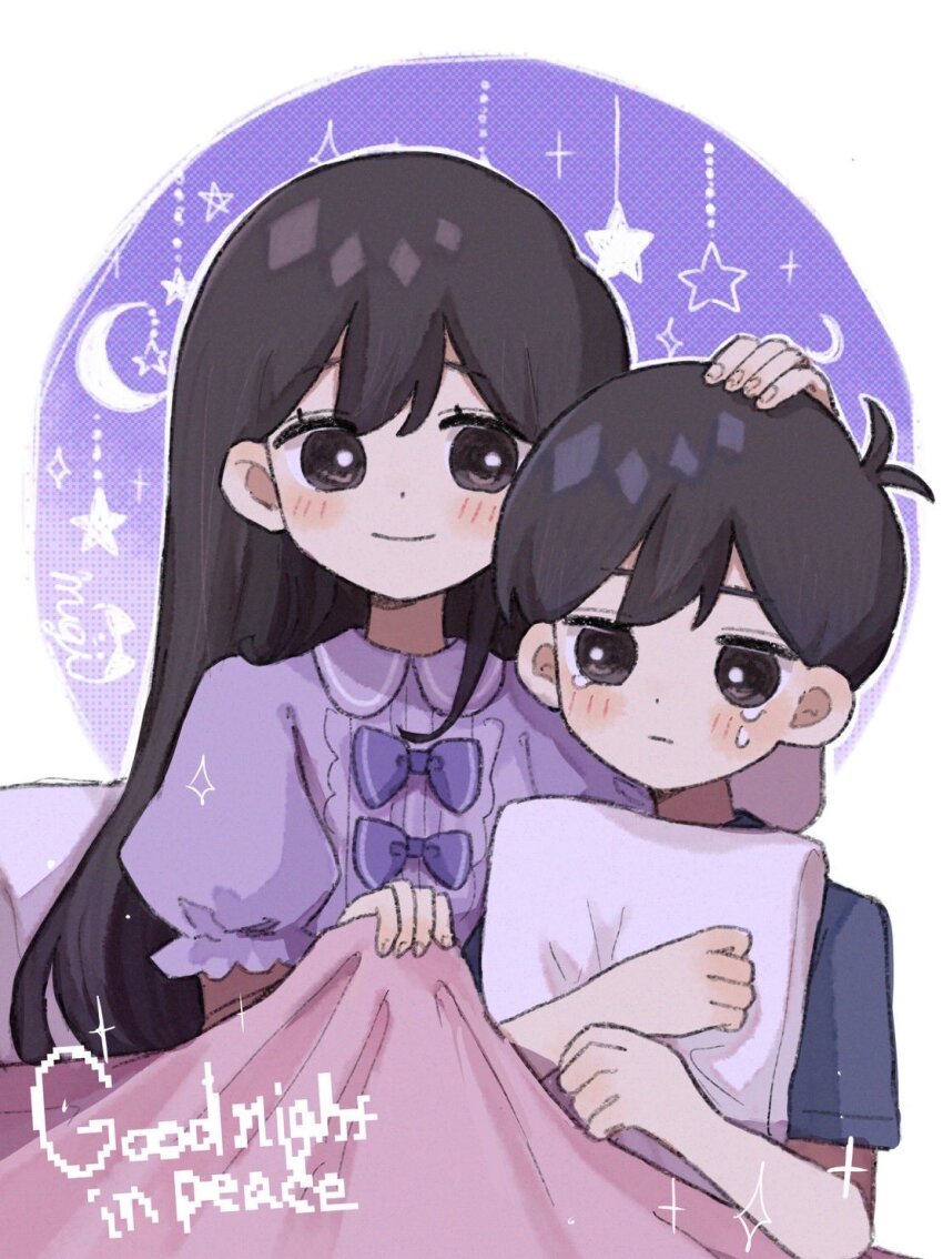 1boy, 1girl, artist_name, bed_sheet, black_hair, blue_shirt, bow, brother_and_sister