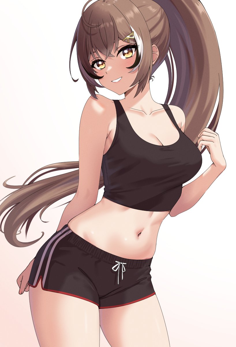 1girl, black_shorts, black_tank_top, breasts, brown_eyes, brown_hair, cleavage, crop_top