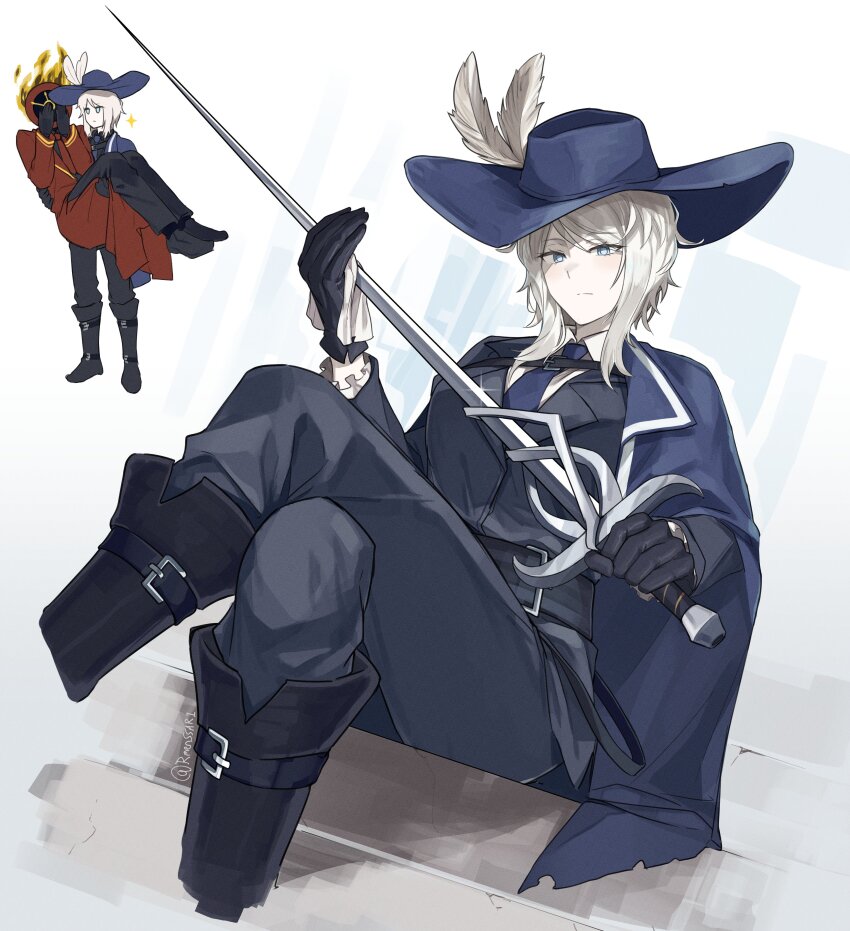 1girl, 1other, absurdres, black_gloves, blue_eyes, blue_necktie, carrying, coat