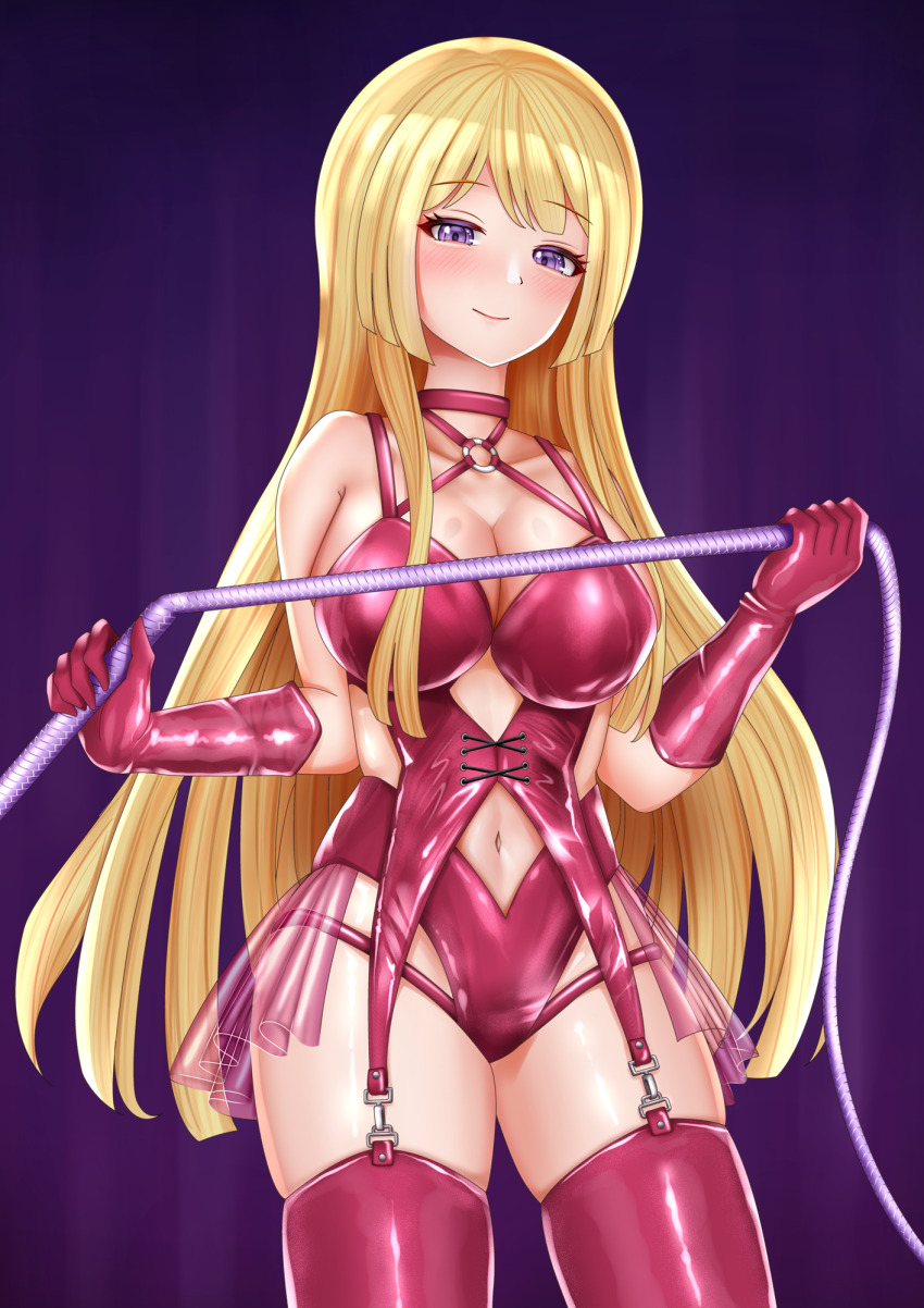 1girl, armpit_crease, assault_lily, bare_shoulders, blonde_hair, blunt_ends, blush, bondage_outfit