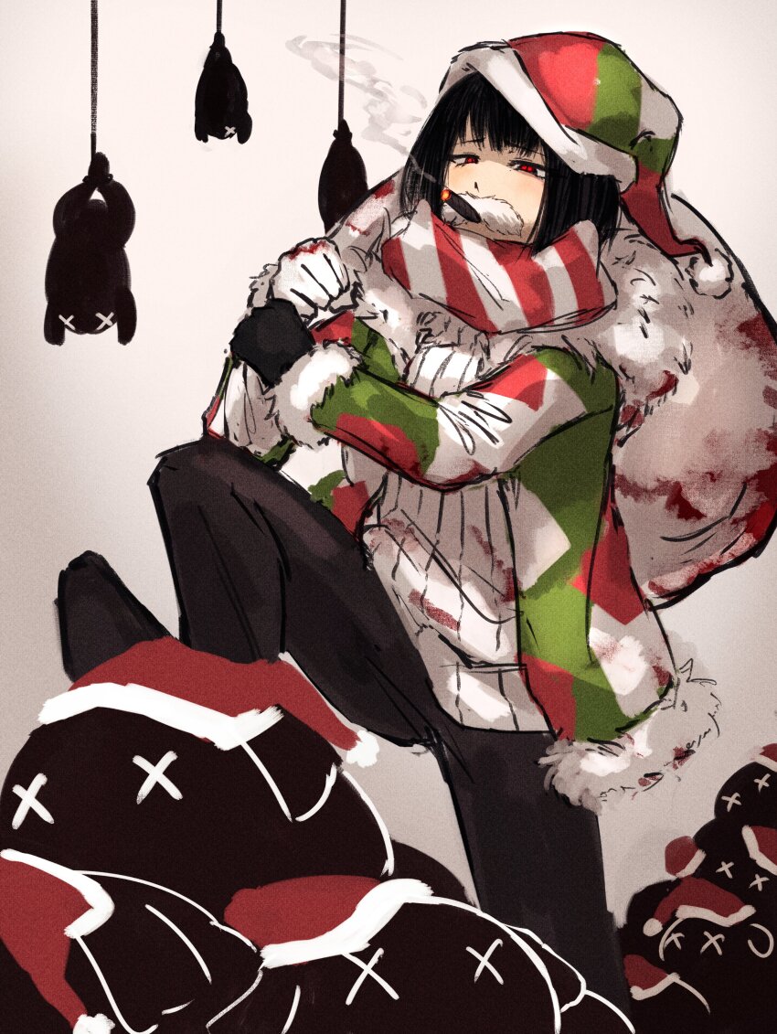 1girl, absurdres, akita_(akitakipuromun), black_gloves, black_hair, e.g.o_(project_moon), facial_hair, full_body