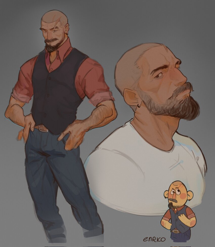 1boy, bara, beard, borrowed_character, collage, cropped_torso, deformed, edgar_(rodrigodraws), enri_(ceinordraws), facial_hair, full_beard, grey_hair, head_tilt, highres, looking_at_viewer, male_focus, mature_male, mustache, old, old_man, original, pants, receding_hairline, scar_on_head, streaked_beard, thick_beard, thick_eyebrows, thick_mustache, wrinkled_skin