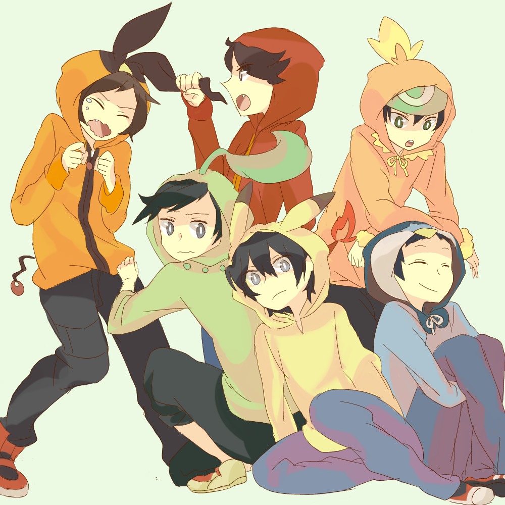 6+boys, alternate_costume, annoyed, black_hair, brendan_(pokemon), charmander, chikorita, chikorita_(cosplay), closed_eyes, cosplay, dual_persona, ethan_(pokemon), fang, frown, gen_1_pokemon, gen_2_pokemon, gen_3_pokemon, gen_4_pokemon, gen_5_pokemon, green_eyes, grey_eyes, hilbert_(pokemon), hood, hoodie, lucas_(pokemon), male_focus, multiple_boys, nintendo, open_mouth, pikachu, pikachu_(cosplay), piplup, piplup_(cosplay), pokemon, pokemon_black_and_white, red_(pokemon), short_hair, simple_background, sitting, smile, tepig, tepig_(cosplay), torchic, torchic_(cosplay), wavy_mouth