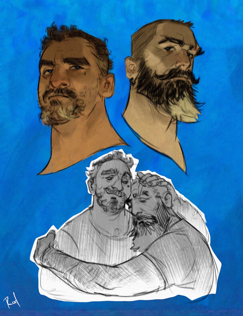 2boys, absurdres, bara, beard, buzz_cut, closed_eyes, comforting, couple