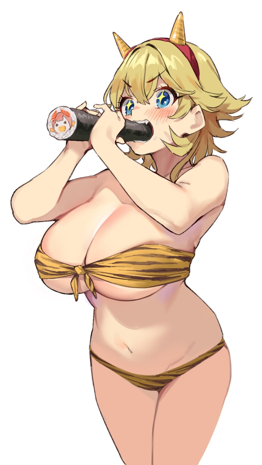 1girl, absurdres, animal_print, bare_shoulders, bikini, blonde_hair, blue_eyes, blush
