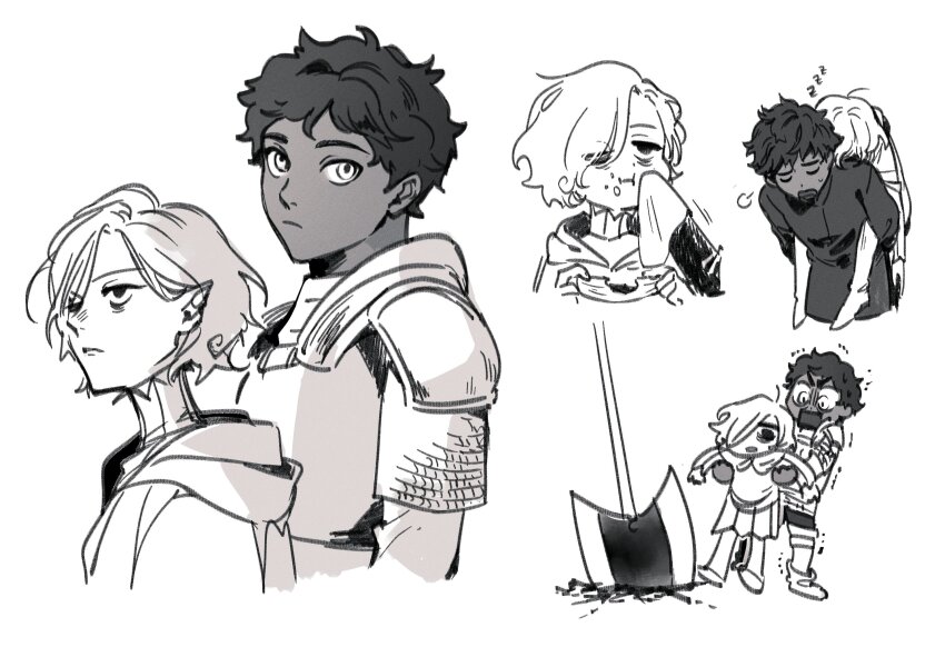 2boys, androgynous, black_hair, carrying, chibi, dungeon_meshi, eating, elf