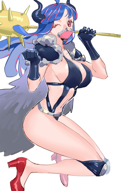 1girl, blue_cape, blue_hair, blue_horns, breasts, cape, club, club_(weapon), covered_mouth, curled_horns, dark_blue_gloves, dinosaur_girl, fur_cape, high_heels, horns, knee_pads, large_breasts, long_hair, mask, mouth_mask, multicolored_hair, one_eye_closed, one_piece, pink_eyes, pink_hair, pink_mask, pink_shoes, raine_(acke2445), red_footwear, revealing_clothes, shoes, simple_background, solo, spiked_club, streaked_hair, ulti_(one_piece), weapon, white_background