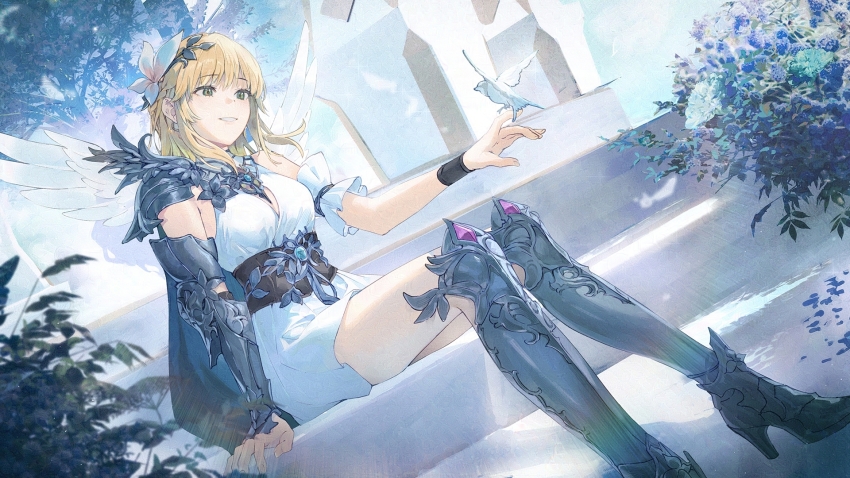 1girl, armor, armored_boots, bird, blonde_hair, boots, braid, bush