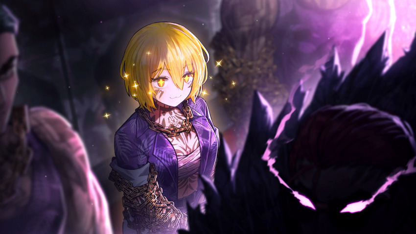 1girl, 3boys, black_hair, blonde_hair, bob_cut, chain, chest_sarashi, don_quixote_(project_moon), full-body_tattoo, fur_collar, game_cg, glowing, glowing_eyes, hair_between_eyes, highres, jacket, limbus_company, meursault_(project_moon), multiple_boys, nai_ga, official_art, open_clothes, open_jacket, project_moon, purple_jacket, purple_tank_top, red_hair, ricardo_(project_moon), sarashi, short_hair, tank_top, tattoo