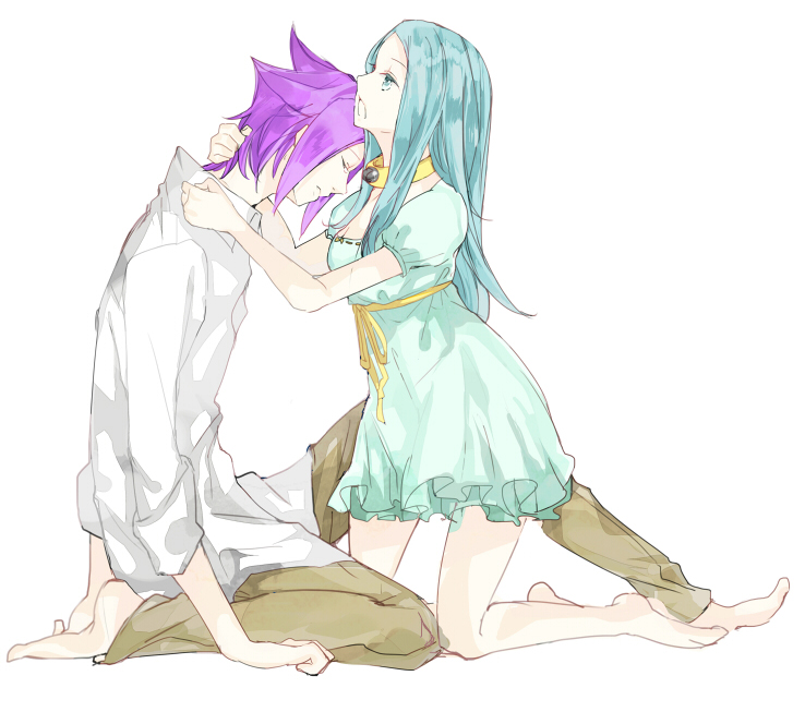 10s, 1boy, 1girl, bad_feet, barefoot, closed_eyes, comforting, dress