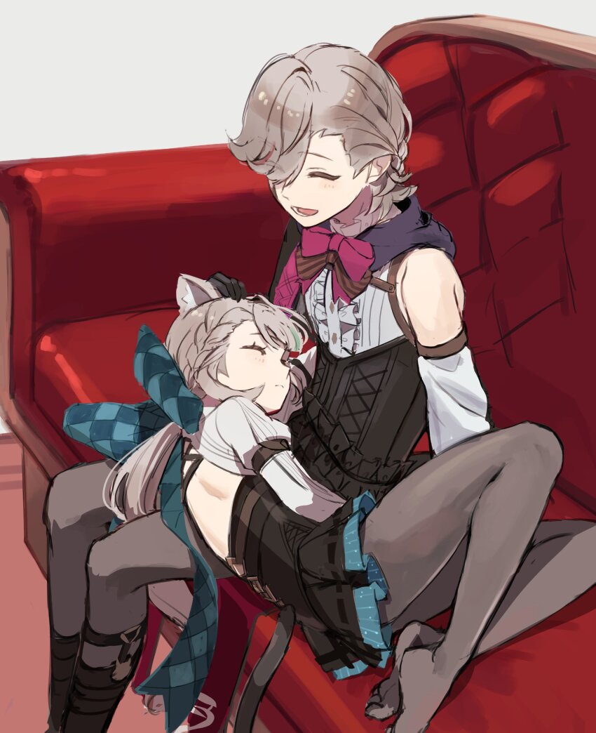 1boy, 1girl, :d, ^_^, backless_outfit, bare_back, bare_shoulders, black_dress, brother_and_sister, closed_eyes, commentary_request, detached_sleeves, dress, genshin_impact, grey_background, grey_hair, grey_pantyhose, hand_on_own_head, highres, long_sleeves, lynette_(genshin_impact), lyney_(genshin_impact), microdress, missing_headwear, no_shoes, open_mouth, pantyhose, pleated_dress, shirt, siblings, sitting, smile, white_shirt, yonaga_tsuki25
