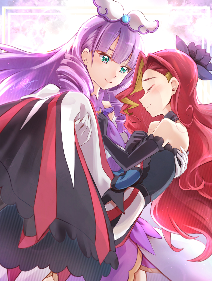 2girls, black_dress, bow, bowtie, carrying, clear_glass_(mildmild1311), cure_noble, dress, drill_hair, drill_sidelocks, empress_undergu, gradient_background, highres, hirogaru_sky!_precure, long_hair, looking_at_viewer, magical_girl, multiple_girls, precure, princess_carry, princess_ellerein, purple_background, purple_hair, red_hair, sidelocks, standing