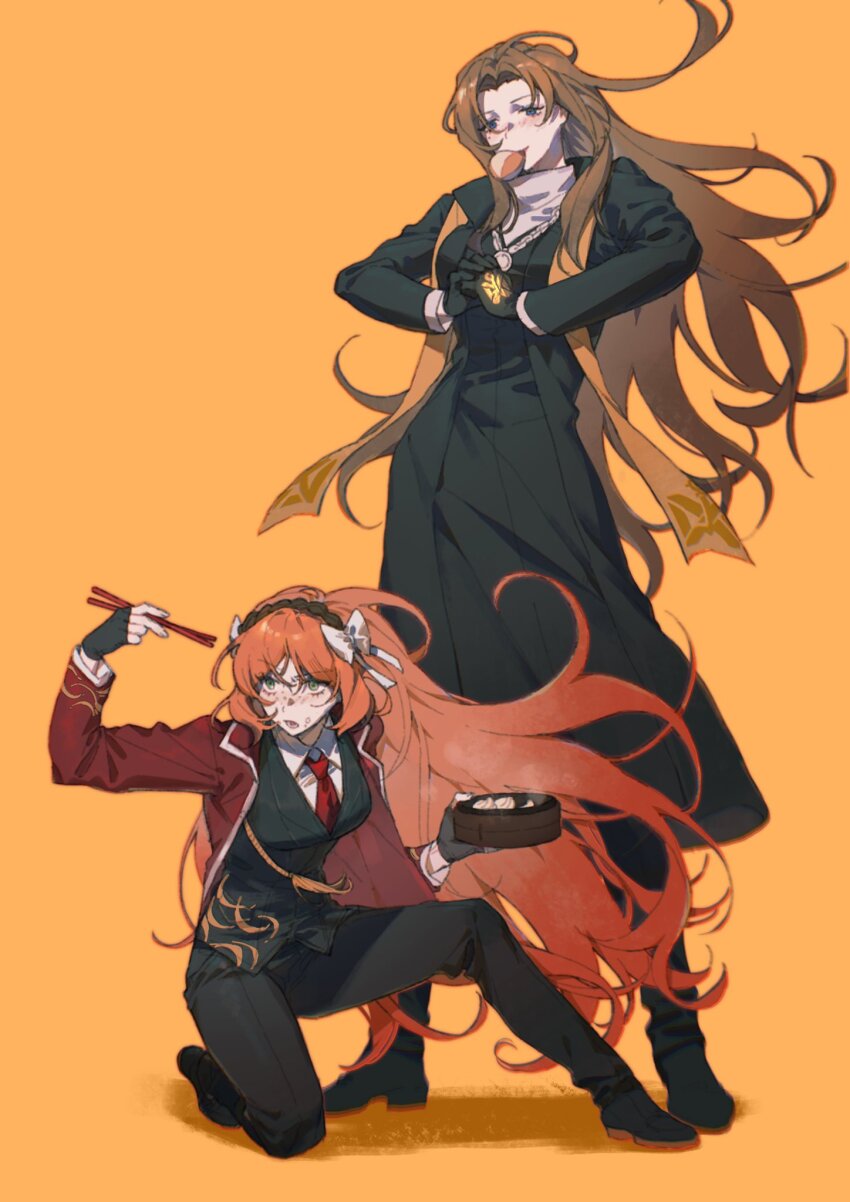 2girls, black_gloves, black_hairband, black_suit, blue_eyes, brown_hair, chopsticks, dieci_association_south_uniform