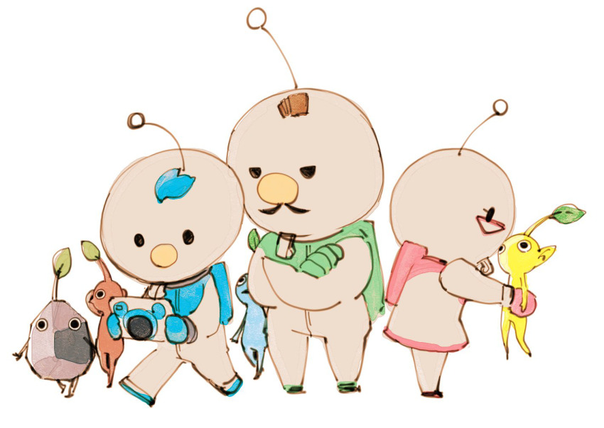 1girl, 2boys, 2donemuru, alph_(pikmin), arms_behind_head, backpack, bag, large_nose