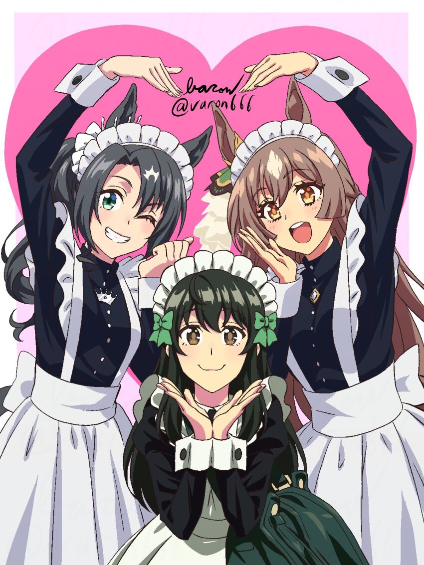 3girls, alternate_costume, bag, baron_(varon666), breasts, brown_eyes, brown_hair, closed_mouth, enmaided, female_trainer_(umamusume), green_eyes, grin, hair_between_eyes, hair_ornament, heart, heart_arms, heart_arms_trio, highres, long_hair, looking_at_viewer, maid, maid_headdress, medium_breasts, multiple_girls, one_eye_closed, satono's_trainer, satono_crown_(umamusume), satono_diamond_(umamusume), simple_background, smile, teeth, trainer_(umamusume), twitter_username, umamusume, upper_teeth_only, white_background