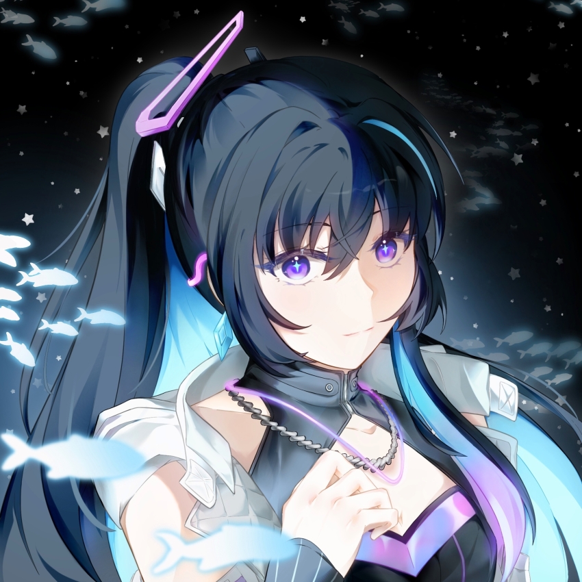 1girl, aqua_gem, black_hair, black_shirt, blue_hair, chain, chain_necklace, cleavage_cutout