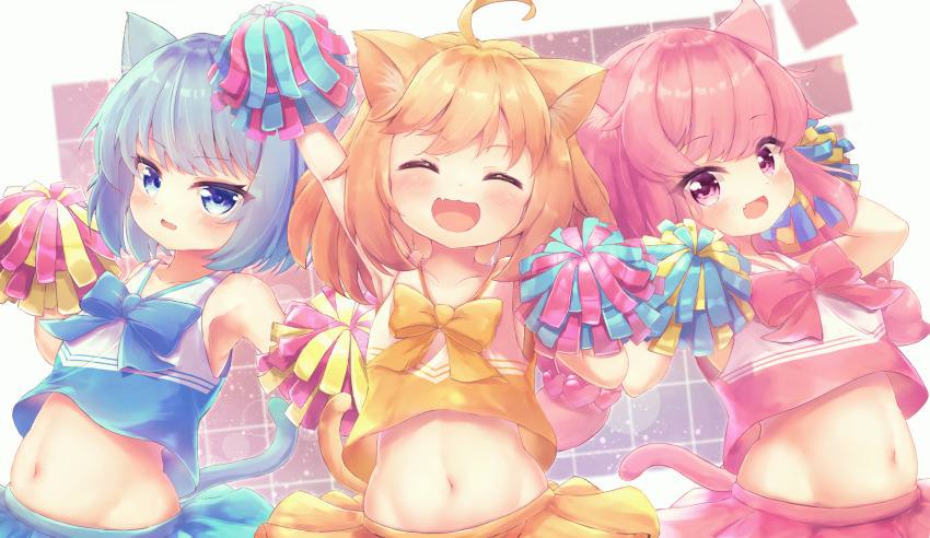 3girls, absurdres, animal_ears, ao_(sound_voltex), bare_shoulders, blue_bow, blue_eyes, blue_hair, blue_shirt, blue_skirt, blush, bow, breasts, butterfly_cat, cat_ears, cat_girl, cat_tail, cheerleader, chrocatz, closed_eyes, collarbone, commentary_request, cropped_shirt, facing_viewer, highres, hina_(sound_voltex), holding, holding_pom_poms, looking_at_viewer, midriff, momo_(sound_voltex), multiple_girls, navel, open_mouth, orange_bow, orange_hair, orange_shirt, orange_skirt, pink_bow, pink_eyes, pink_hair, pink_shirt, pink_skirt, pom_pom_(cheerleading), pom_poms, shirt, skirt, sleeveless, sleeveless_shirt, small_breasts, tail, upper_body
