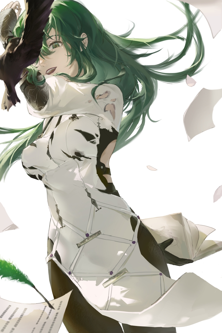 1girl, absurdres, arm_behind_back, arm_up, back_cutout, bird, black_bird, black_gloves