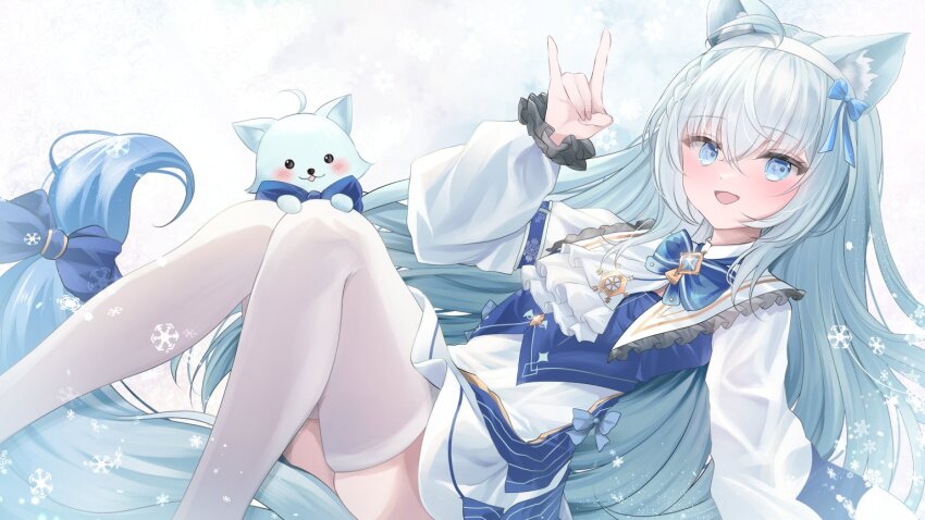 1girl, ahoge, animal_ear_fluff, animal_ears, blue_bow, blue_bowtie, blue_eyes, blue_gem