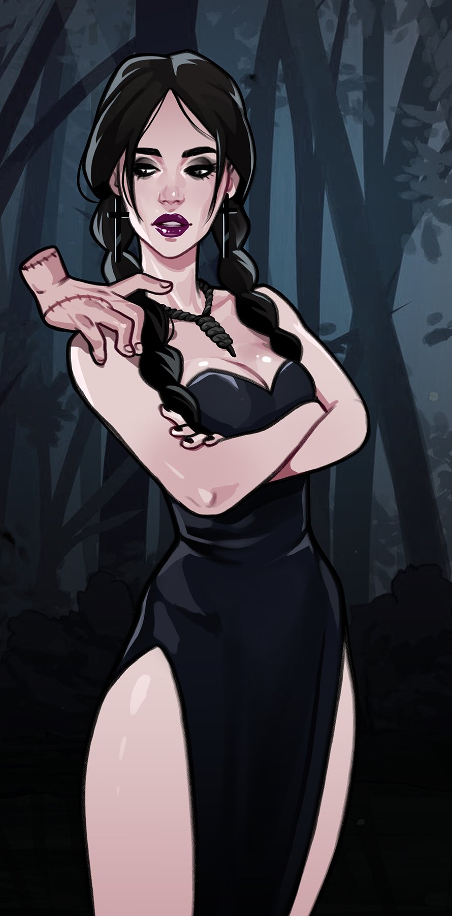 1girl, the_addams_family, bare_arms, bare_shoulders, black_dress, black_hair, braid, breasts