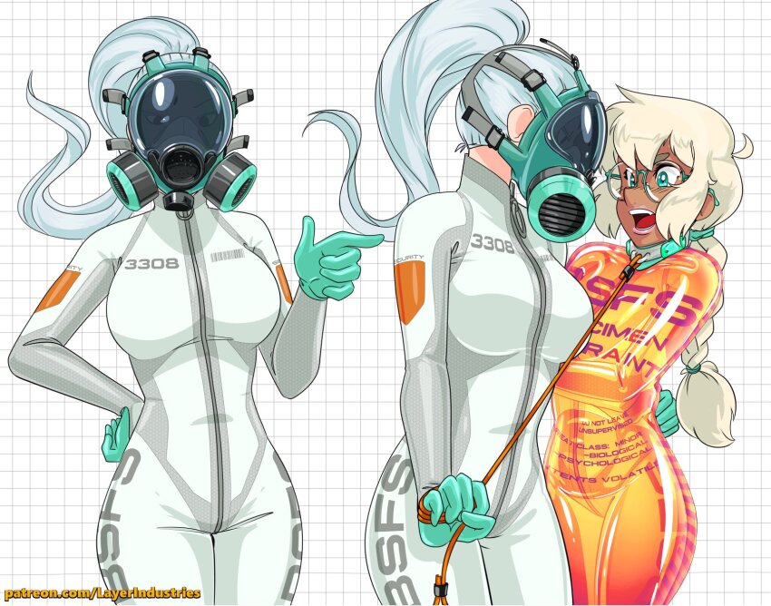 2girls, ahoge, barcode, beatrix_(plasmadragon), blonde_hair, blue_eyes, blush, bodysuit, bound, braid, bsfs, checkered_background, collar, commander_rab_(layer_industries), covered_face, covered_navel, dark_skin, gas_mask, glasses, gloves, green_gloves, grid_background, high_ponytail, highres, janine_flores, latex, latex_gloves, looking_at_viewer, mask, medium_hair, multicolored_bodysuit, multiple_girls, multiple_views, open_mouth, orange_bodysuit, original, patreon_username, pointing, pointing_to_the_side, ponytail, restrained, round_eyewear, rubber_gloves, single_braid, skin_tight, strap, surprised, teeth, two-tone_bodysuit, white_bodysuit, white_hair, zipper, zipper_pull_tab