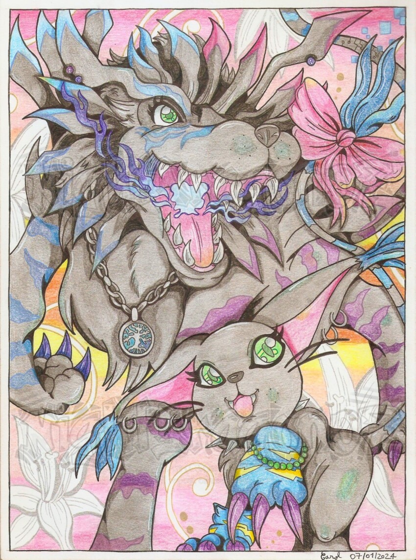 blacktailmon, cat, digimon, digimon_(creature), garurumon_(black), green_eyes, highres, sharp_teeth