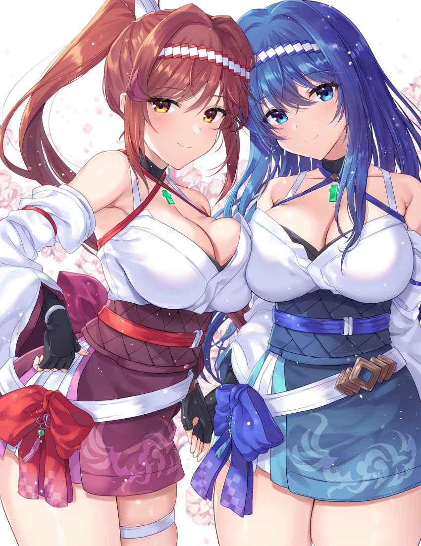 2girls, alternate_costume, awayuki_ramika, black_gloves, blue_eyes, blue_hair, blush, breast_press