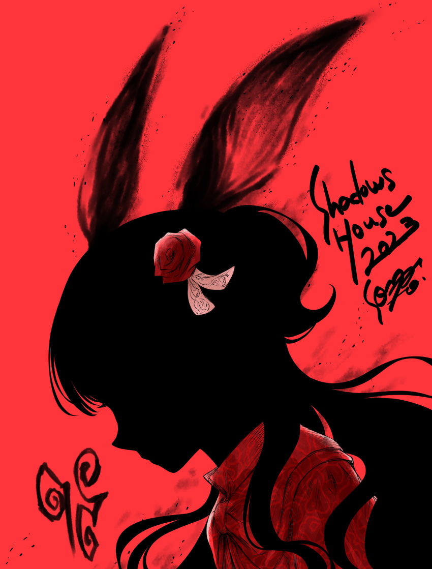 1girl, commentary_request, dated, dress, english_text, flower, from_side, hair_flower