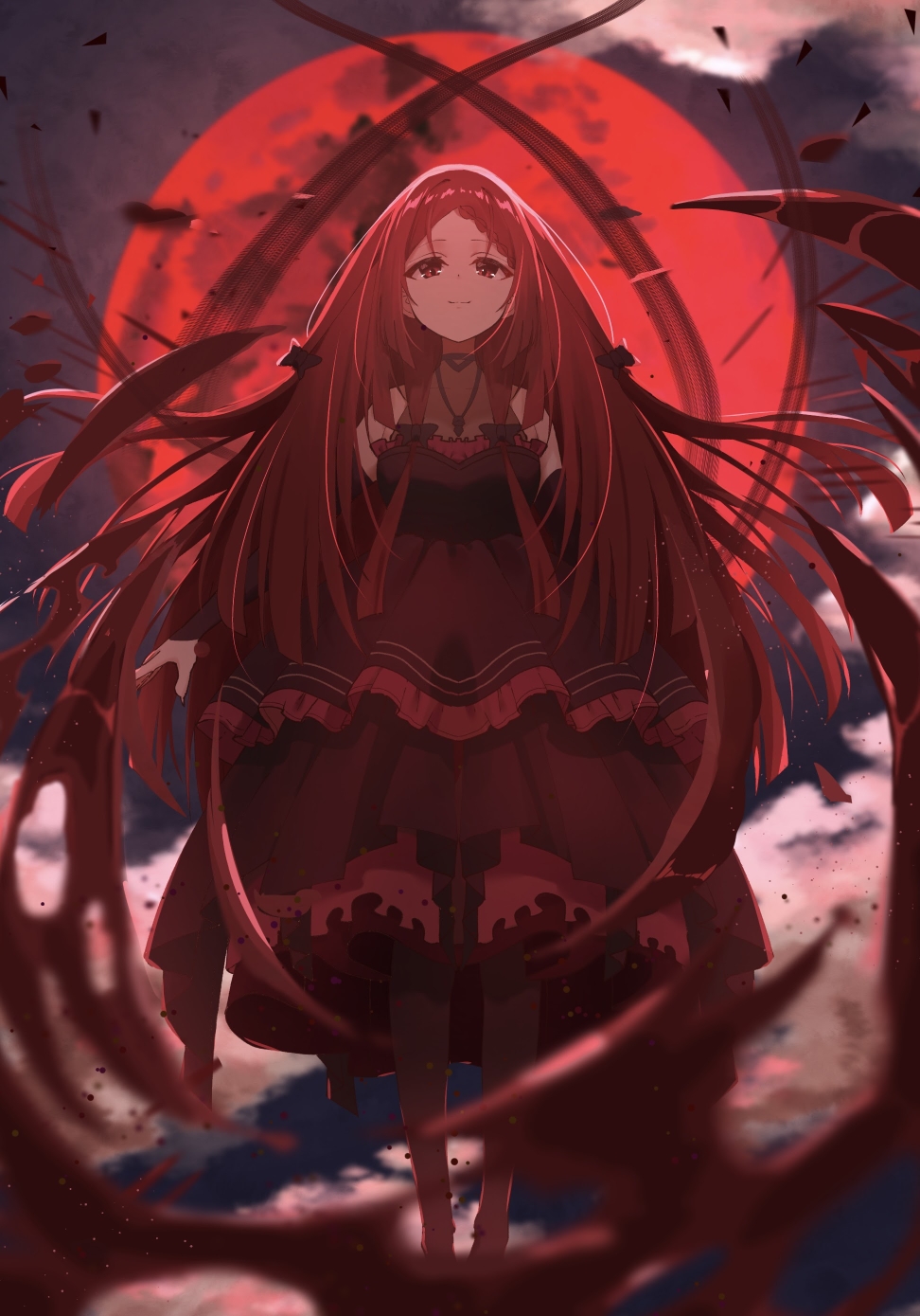 1girl, black_pantyhose, blood, breasts, cloud, detached_sleeves, dress, elisabeth_(kagejitsu), emu_shido, flying, full_body, full_moon, highres, kage_no_jitsuryokusha_ni_naritakute!, layered_dress, long_hair, looking_at_viewer, looking_down, medium_breasts, moon, night, pantyhose, red_dress, red_eyes, red_moon, sky, sleeveless, sleeveless_dress, smile, solo, star_(sky), starry_sky, very_long_hair