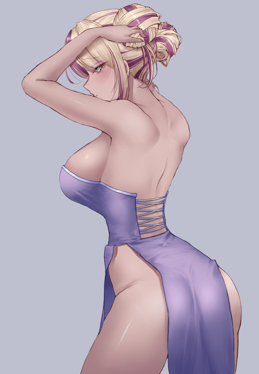 1girl, :o, arms_behind_head, ass, back, bare_back, bare_shoulders, blonde_hair