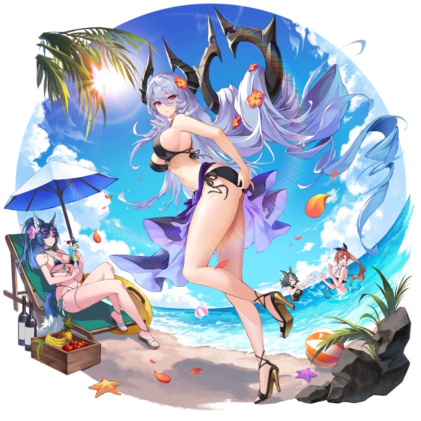 4girls, absurdres, aiken_(echocalypse), animal_ears, apple, ball, banana, beach